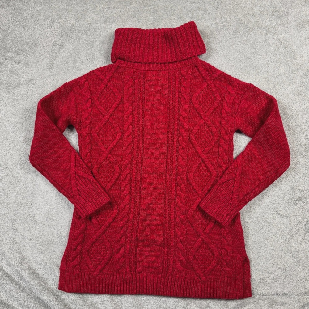 Lands End Red Cable Knit Turtleneck Sweater Womens XS Cotton Wool Blend Pullover